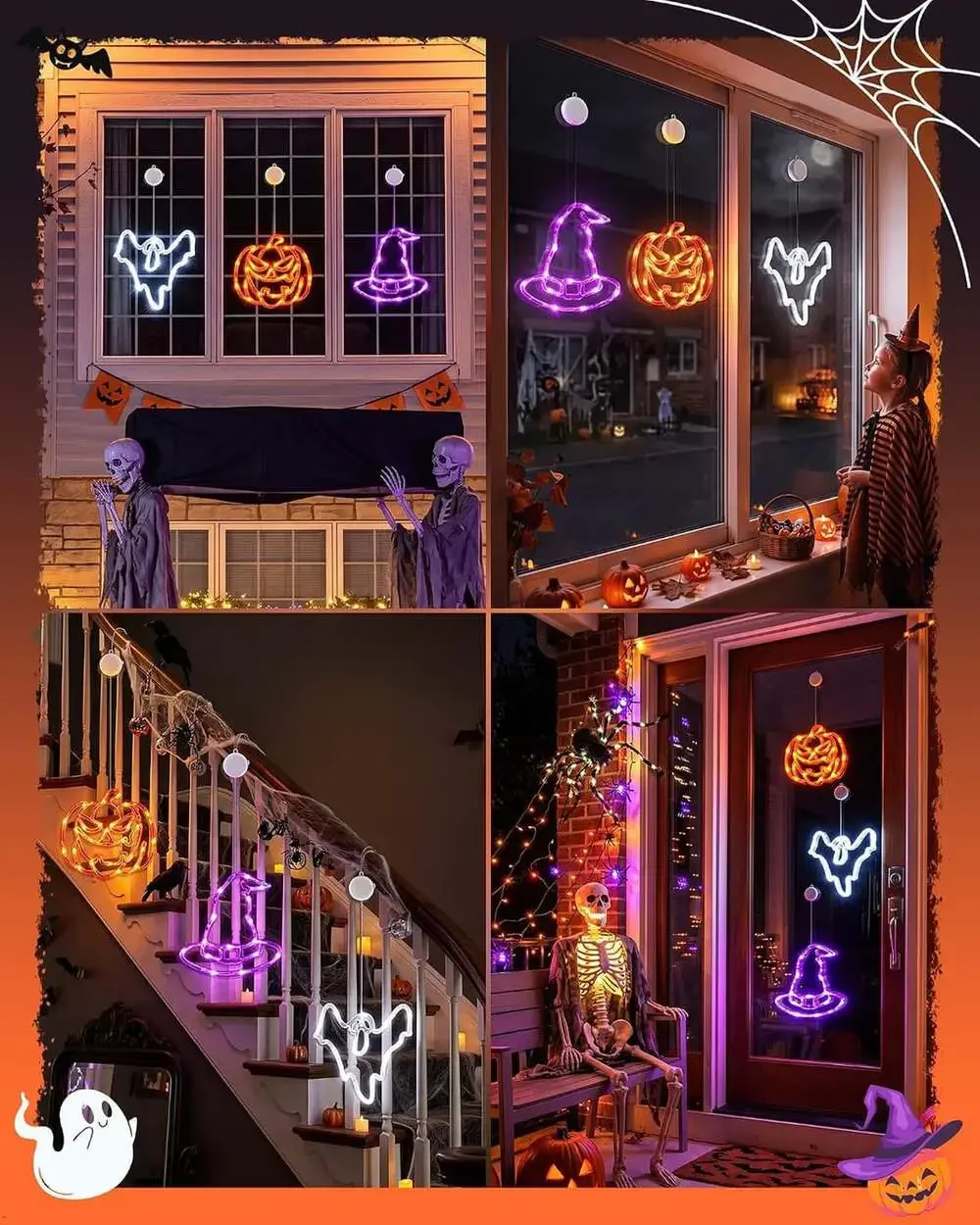 Halloween Window Lights 3 Pack Pumpkin Ghost Hat Battery Operated with Timer